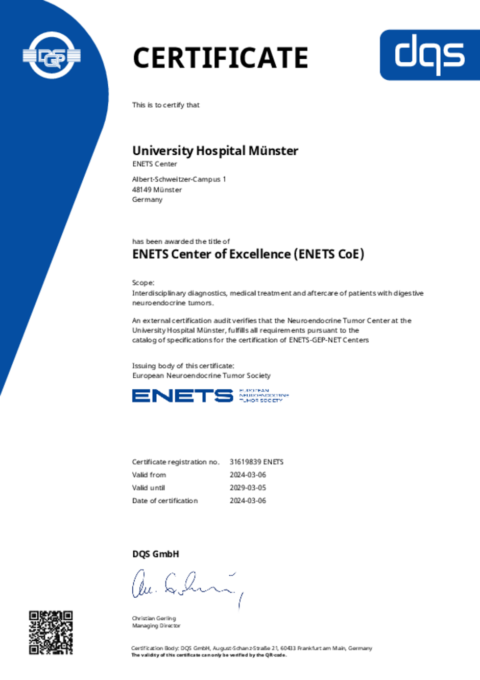 UKM | Neuroendokrines Exzellenzentrum Münster | Zertifikat der European Neuroendocrine Tumor Society
